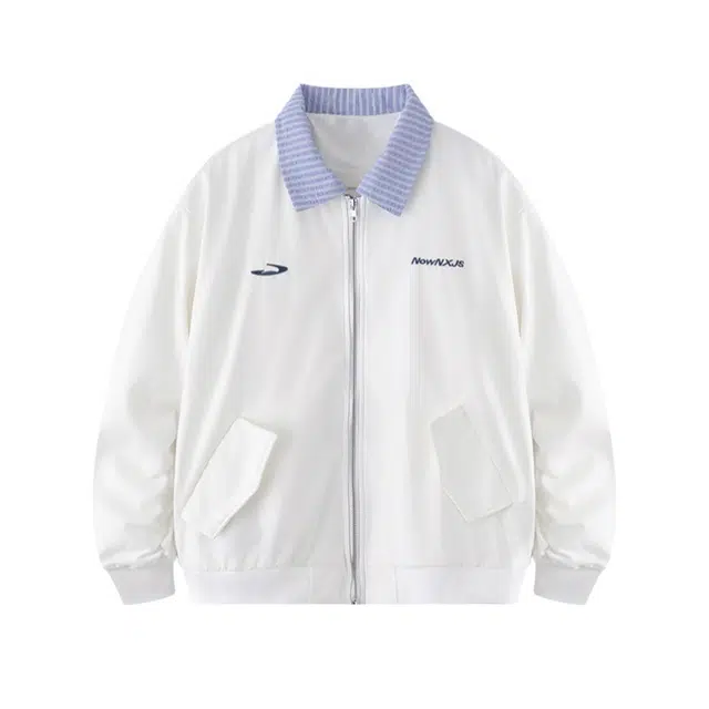加荣 拼色条纹刺绣翻领外套小众设计感棒球服潮牌宽松舒适假两件休闲拼接飞行夹克 男女同款