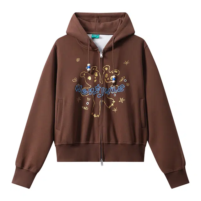 江南先生 复古卡通街头烫银烫金立体绣可爱小熊图案短款秋季外套女卫衣 男女同款