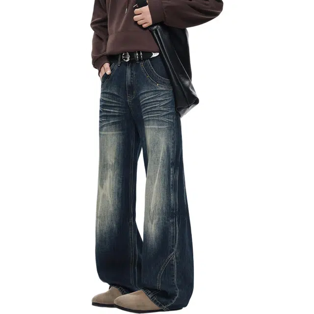 瑞梵帝斯 秋冬基础款美式复古重工艺水洗猫须纹理宽松显高显瘦透气拖地高级感慵懒百搭户外日常通勤松紧腰直筒牛仔裤 男款