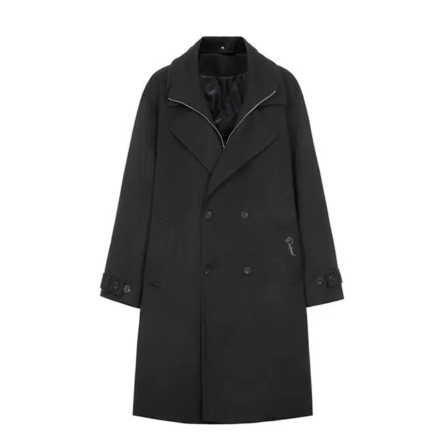 普鲁士多特蒙德 韩系设计感纯色毛呢高级感男中长款夹棉加厚战壕秋冬假两件翻领宽松过膝外套大衣 男女同款