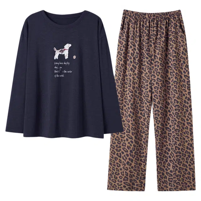 潞优野 高级感可外穿家居服舒适休闲秋冬季豹纹柔软磨毛彩棉卡通长袖长裤 睡衣套装 女款