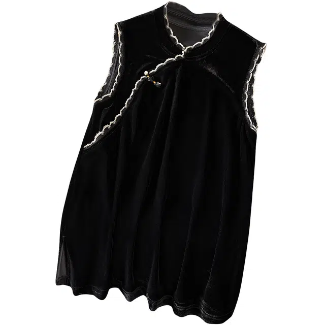 她池 复古优雅花边领盘扣斜襟开叉叠穿丝绒无袖背心 女款 黑色