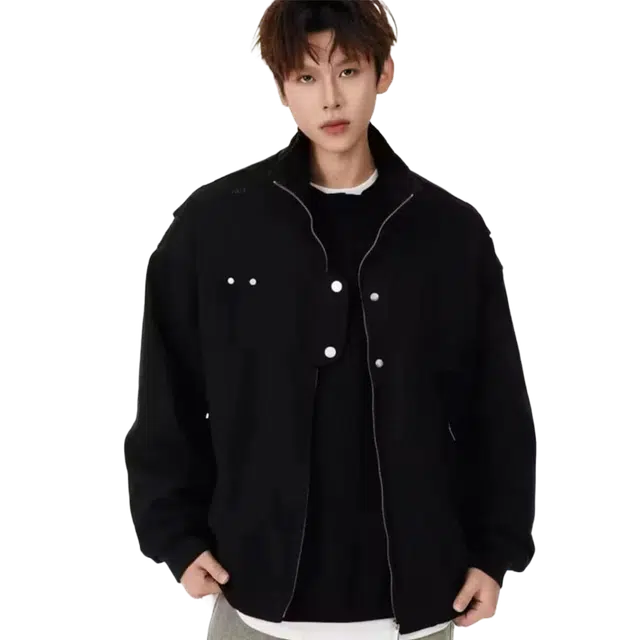 一碗士多 纯色拉链拼接解构纽扣美式复古高街时尚流行痞帅个性高级设计日常通勤宽松舒适百搭不挑人夹克 男女同款