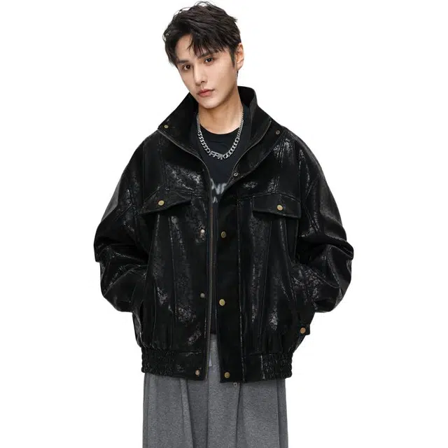 洋气先生 美式复古简约纯色时尚百搭小众高级感潮流帅气日常通勤运动休闲宽松防风防水保暖耐磨无性别主义外套皮夹克 男女同款