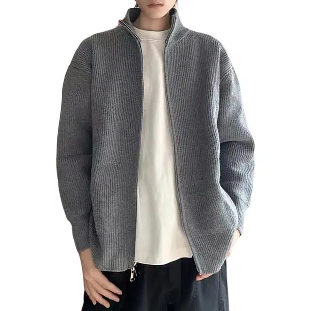 蛊惑 美式复古慵懒风宽松双拉链立领保暖长袖外套男春秋季纯色时尚百搭开衫针织衫 男女同款