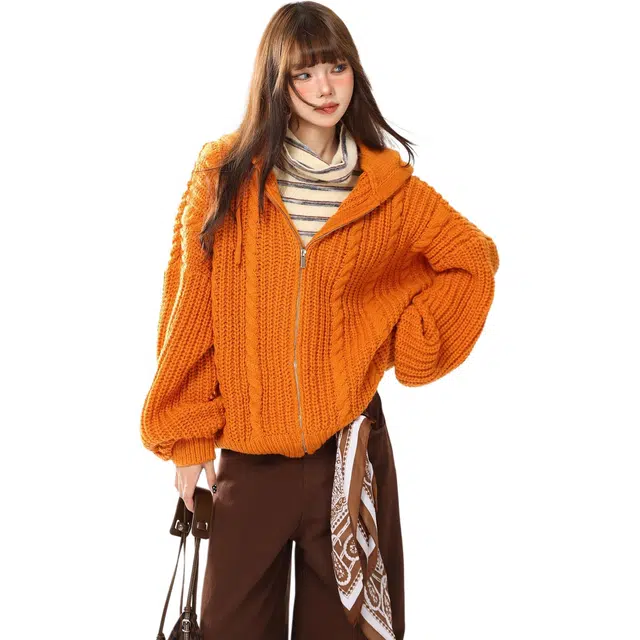 囍鱼少女 秋冬南瓜橘色麻花女连帽宽松慵懒感纯色多巴胺毛衫针织衫 女款