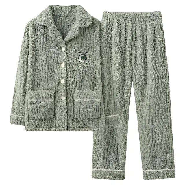 莫代尔 条纹秋冬季天大码半边绒家居服珊瑚绒加绒加厚女士舒适睡衣套装 女款