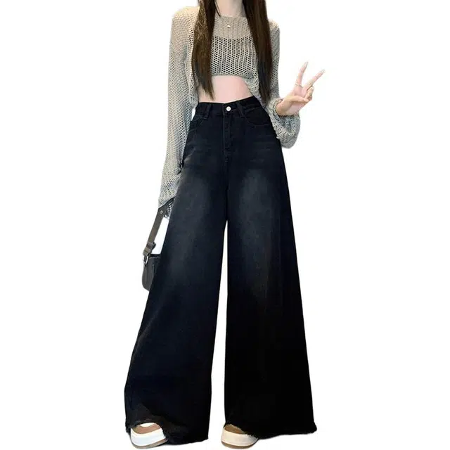 如续 阔腿复古高腰大裤脚宽松毛边拖地牛仔裤 女款