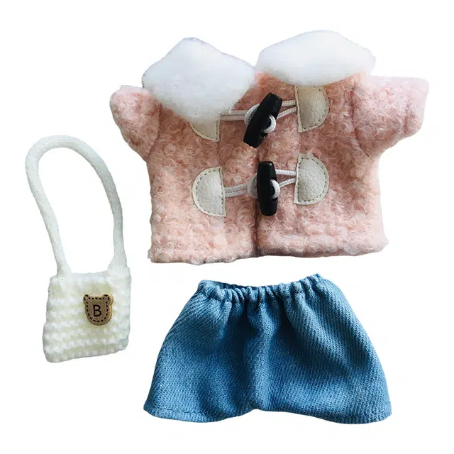 图米鱼 冬日套装 白兔帽呢大衣牛仔裤 娃衣着替