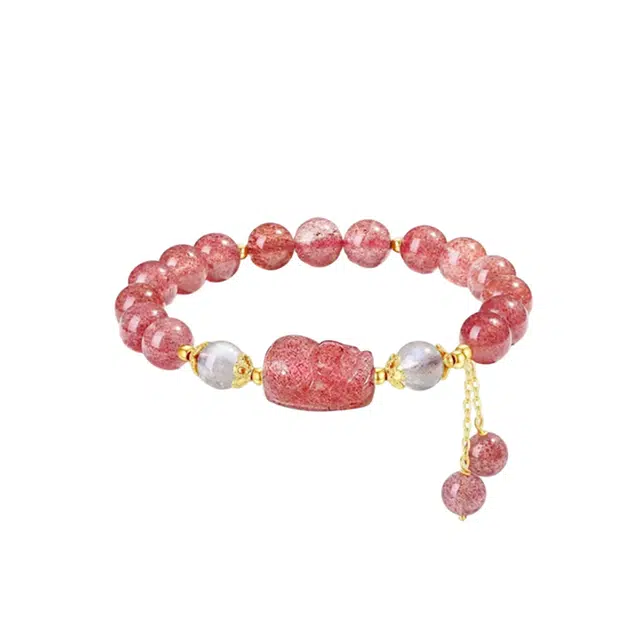 周百福 貔貅流苏新中式国潮风轻奢设计 时尚甜美感转运必备吞金兽#好运 草莓晶 水晶手串 男女同款情侣款