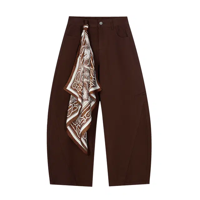 囍鱼少女 美式复古棕色休闲裤女秋季设计感宽松阔腿裤廓形剪裁牛仔裤 女款