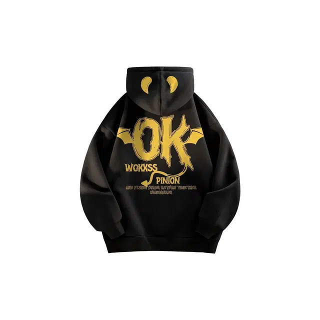 沐诚阳译 蝙蝠字母创意帽子牛角图案印花加绒宽松休闲连帽情侣装潮卫衣 男女同款