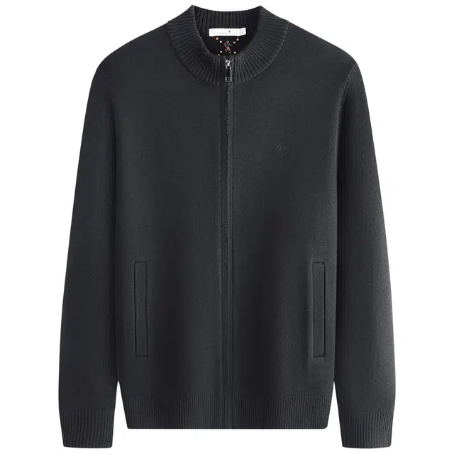 与狼共舞 轻商务休闲风保暖抗菌针织羊毛衫上班通勤百搭纯色插兜拉链开衫毛衣 男款