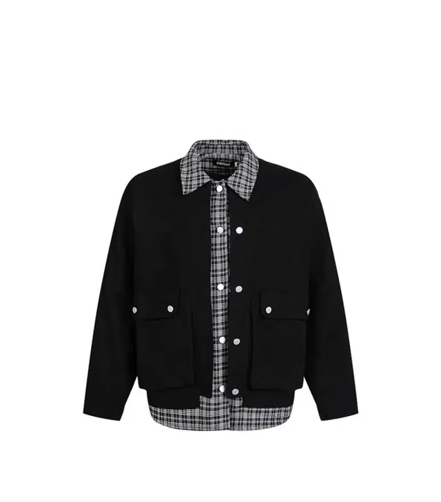 华夏儿女 美式复古宽松潮牌假两件格纹拼接时尚百搭工装设计情侣款夹克 男女同款