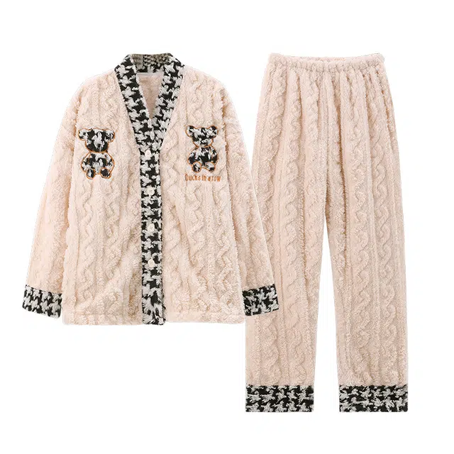 米囹 秋冬季法兰绒女加厚加绒开衫翻卡通少女珊瑚绒家居服睡衣套装 女款