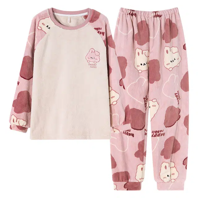 莫代尔 冬季加绒加厚珊瑚绒春秋法兰绒保暖可爱家居服女士柔软睡衣套装 女款