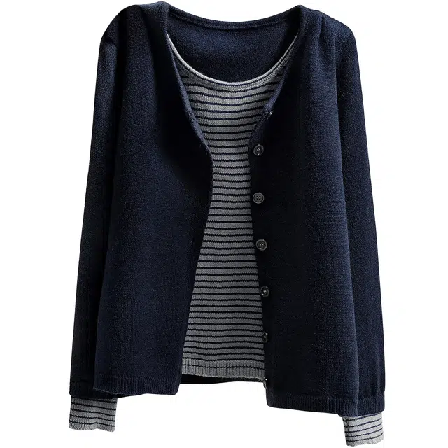 她池 文艺风圆领套头假两件撞色条纹拼接宽松款长袖针织衫 女款 藏青色