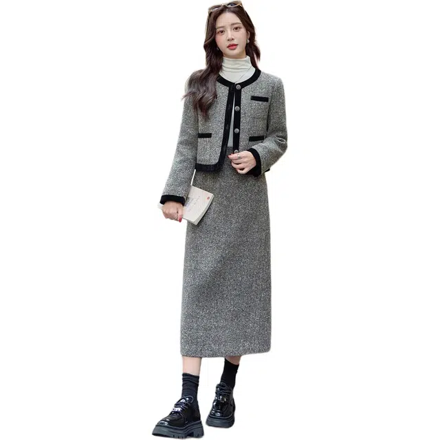 袋鼠 小香风羊毛拼色白鸭绒外套休闲开叉设计半裙两件套时尚气质裙装套装 女款