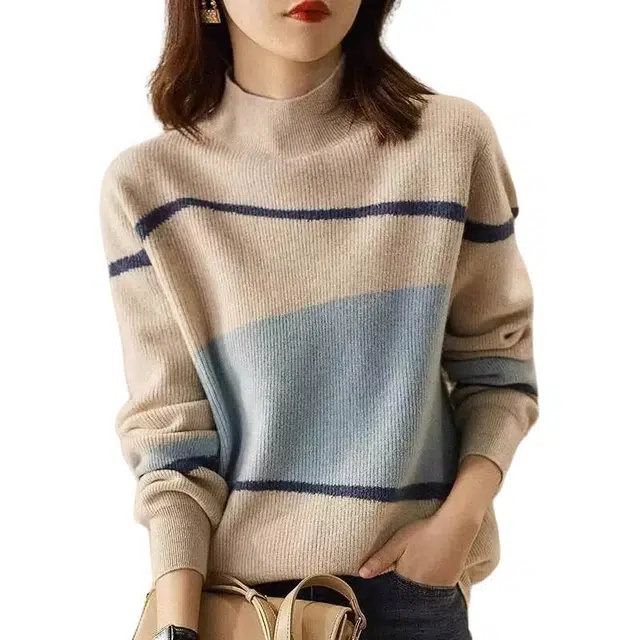 丝絮丝绸 法式拼色半高领宽松休闲显瘦打底衫上衣针织衫 女款