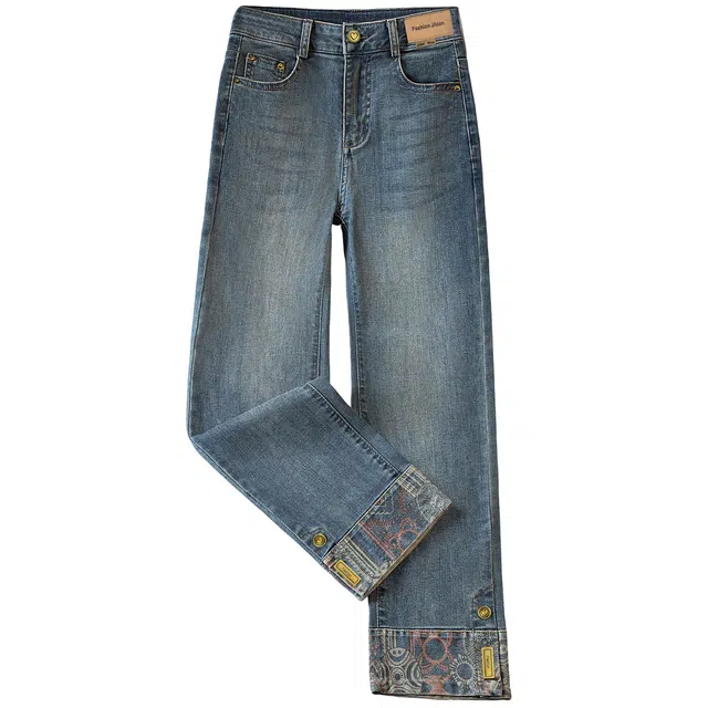 丝柏舍 直筒九分高腰拼接水洗爱心纽扣装饰修身牛仔裤 女款 深蓝色