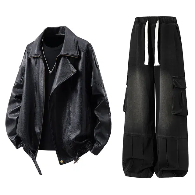 梓润格 美式潮流复古荔枝纹双层领设计感廓形痞帅机车外套纯色简约高级感宽松舒适日常百搭高街阔腿休闲水洗工装裤夹克套装 男女同款