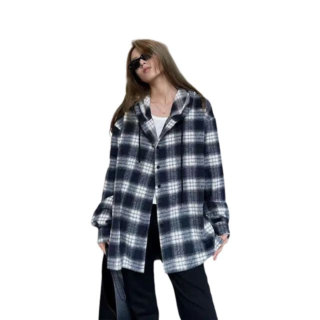 一碗士多 格纹撞色连帽系带拼接静默美式复古宽松舒适休闲百搭日常城市户外通勤出街拍照小众个性化高级感无性别主义风慵懒感衬衫 男女同款