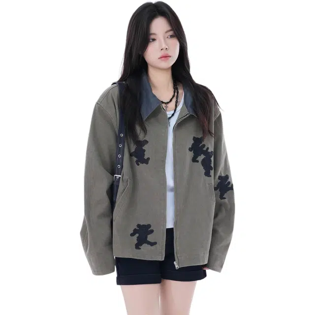 囍鱼少女 美式复古小熊刺绣翻领男女设计感宽松中性风外套夹克 女款