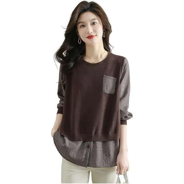 丝絮丝绸 春装洋气假两件拼接设计感长袖漂亮小衫衬针织衫 女款