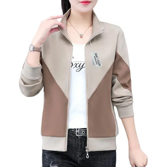 缪斯的诱惑 时尚潮流高品质优雅轻盈舒适柔软简约百搭轻便宽松通勤显瘦针织开衫上衣拼接长袖休闲运动风拉链外套立领夹克 女款