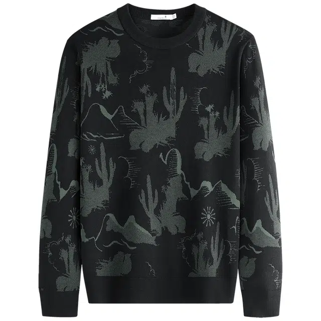 与狼共舞 潮流街头风时尚满身提花羊毛柔软亲肤保暖针织毛衫百搭休闲青年款撞色圆领羊毛衣 男款