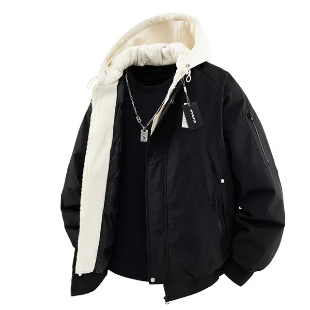 左岸 冬季假两件连帽棉衣外套男加厚休闲潮牌运动复古日系宽松拼接棉服 男款