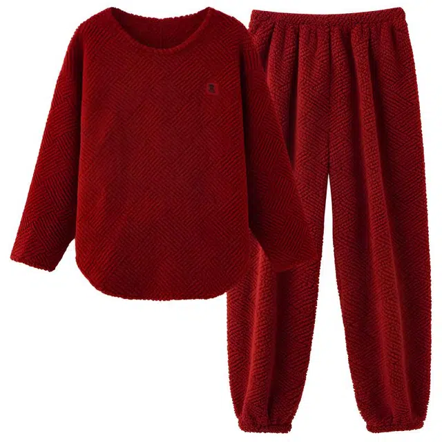 莫代尔 本命年珊瑚绒冬季红色加绒加厚法兰绒家居服女士保暖舒适睡衣套装 女款