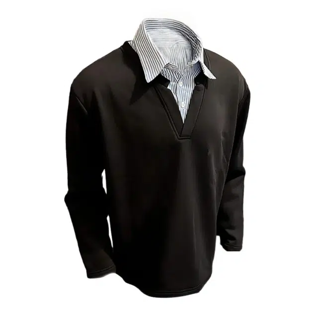 半空山 纯色假两件潮流条纹拼接领口学院风文艺范打底叠穿宽松百搭衬衫领卫衣 男女同款