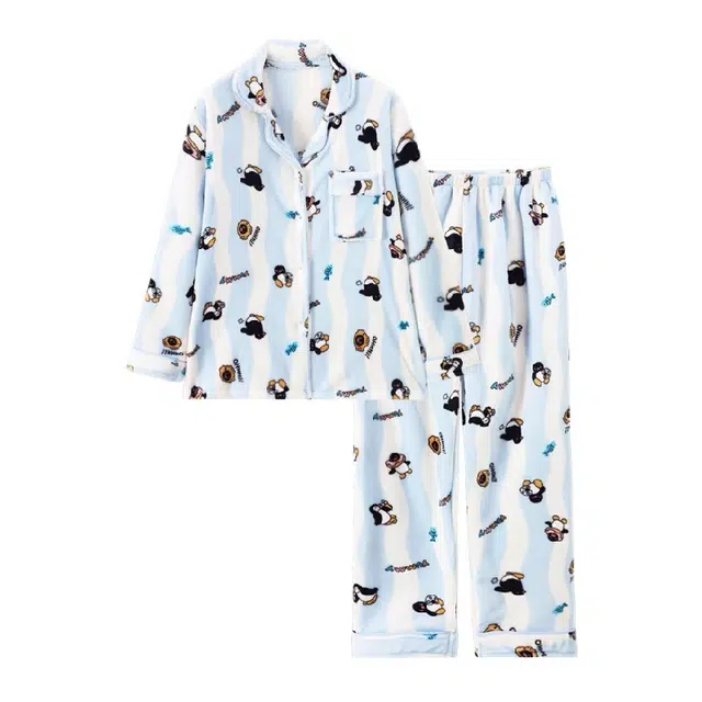 米囹 秋冬季翻领开衫珊瑚绒加厚甜美可爱少女家居服睡衣套装 女款