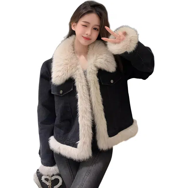 囍鱼少女 牛仔短款拼接毛毛上衣加厚秋冬高级感炸街羊羔毛绒女绒感外套 女款