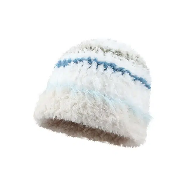 恩僾德 毛绒绒条纹帽子女显脸小针织可爱护耳高颜值小众百搭保暖防寒东北川西穿搭 聚酯纤维 绒线帽 男女同款情侣款