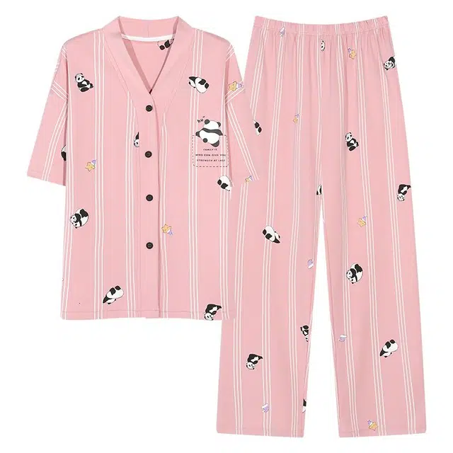 浮光岛屿 简约熊猫图案带胸垫高级感短袖长裤家居服凉感休闲舒适亲肤可外穿睡衣套装 女款 礼盒装 粉红色