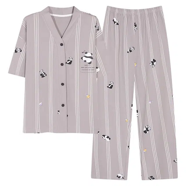 浮光岛屿 简约熊猫图案带胸垫高级感短袖长裤凉感休闲舒适亲肤可外穿睡衣套装 女款 礼盒装 灰色