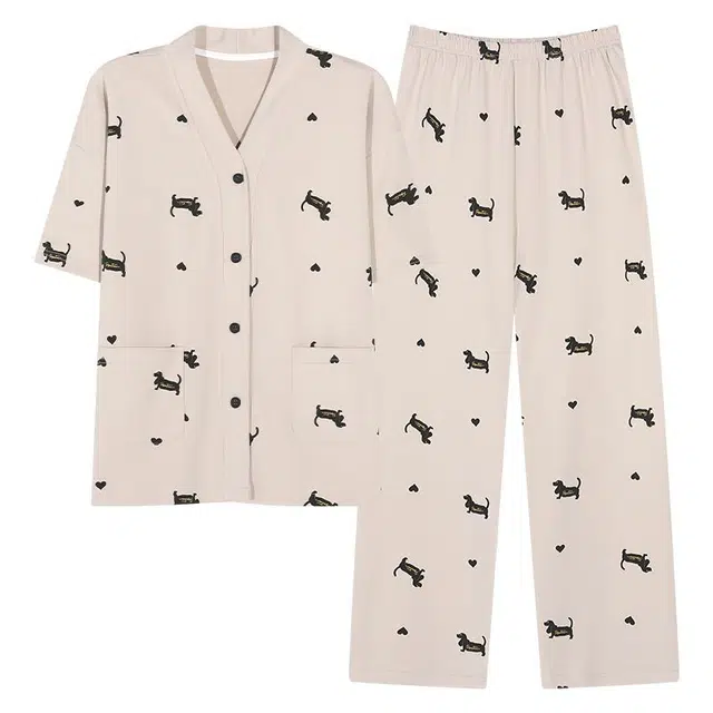 浮光岛屿 简约熊猫图案带胸垫高级感短袖长裤凉感休闲舒适亲肤可外穿睡衣套装 女款 礼盒装 浅黄色