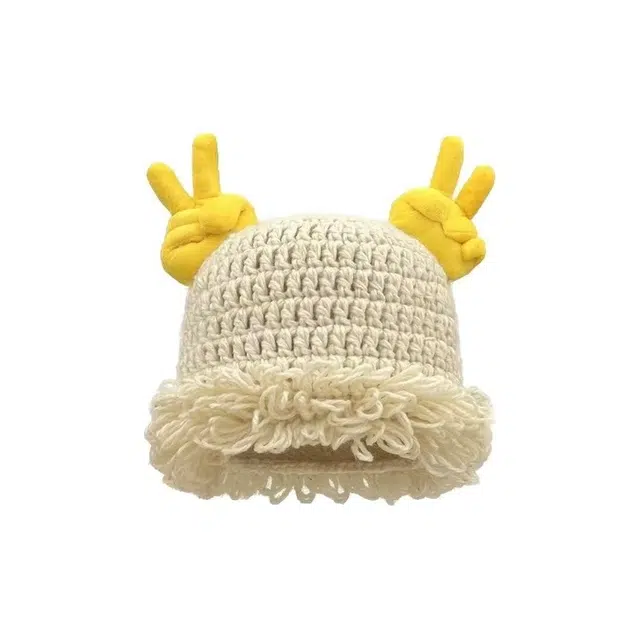 恩僾德 可爱搞怪比耶针织套头帽女秋冬秋冬季高颜值小众百搭出游保暖护耳显脸小时尚针织 聚酯纤维 绒线帽 男女同款情侣款