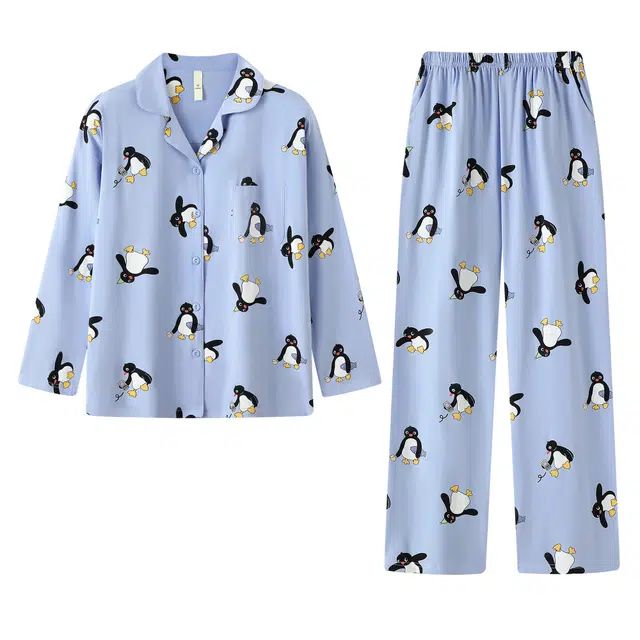 宫蝶 小企鹅纯棉长袖卡通家居服宽松满印休闲可外穿开衫睡衣套装 女款