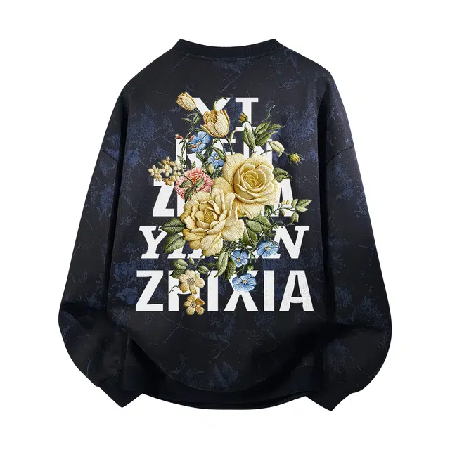 一人之下 仿刺绣植物花卉印花美式高街潮牌扎染创意个性字母设计套头街头时尚宽松百搭舒适户外运动学院风休闲长袖落肩打底衫卫衣 男女同款