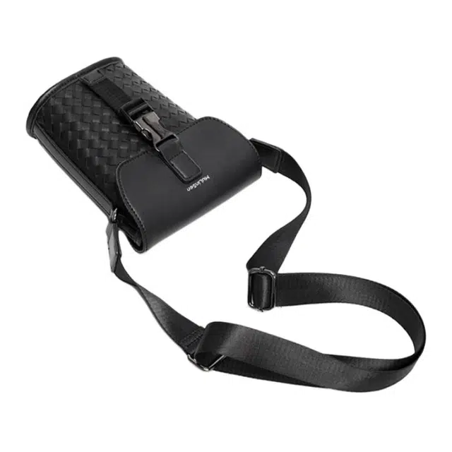 木林森 时尚简约翻盖插扣真皮编织防水耐磨潮流百搭 涤纶 单肩斜挎包 男款 编制黑