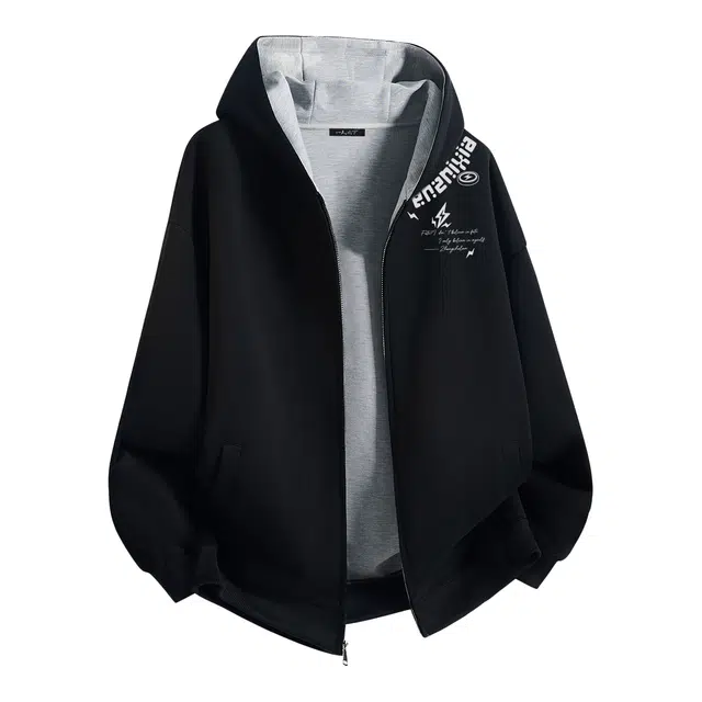 一人之下 项链风哥特式字母品牌印花美式高街复古潮流时尚设计宽松休闲百搭日常高级感穿搭舒适通勤开衫外套夹克氛围感长袖卫衣 男女同款