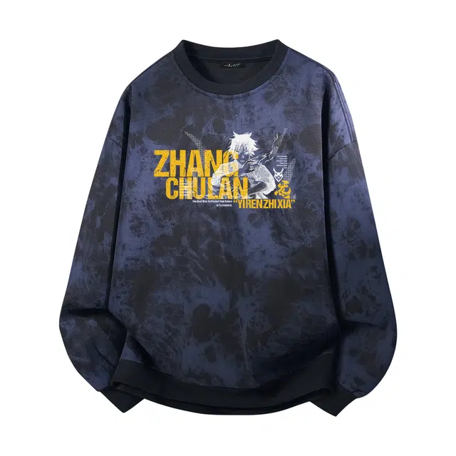 一人之下 美式高街潮牌扎染创意个性字母印花设计圆领套头街头时尚宽松百搭舒适户外运动学院风休闲长袖落肩打底衫卫衣 男女同款