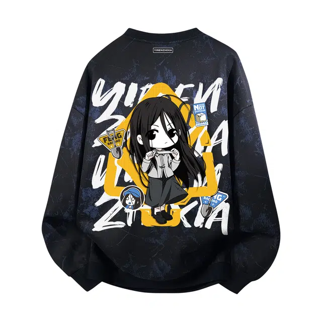 一人之下 美式高街潮牌简约扎染创意个性字母印花设计圆领套头街头时尚宽松百搭舒适户外运动学院风休闲长袖落肩打底衫卫衣 男女同款