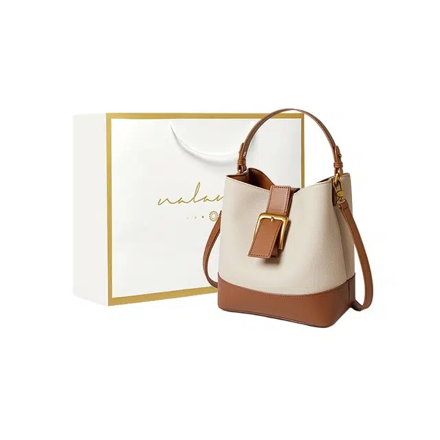 纳兰杜 时尚撞色气质优雅大容量通勤复古实用 真皮 水桶包斜挎单肩手提包 中号 女款 米白拼棕/米白拼黑/米白拼芥末