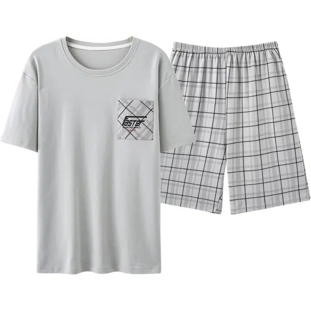 浮光岛屿 棋盘格圆领撞色休闲短袖五分短裤睡衣套装 男款 浅灰色