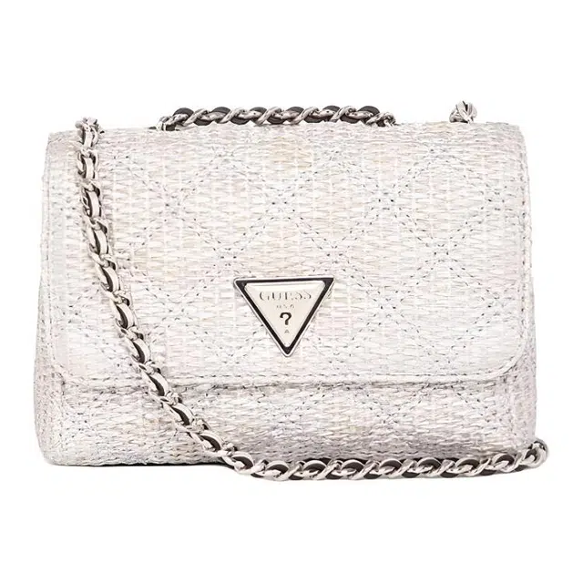 GUESS Logo Quilted Chain Shoulder Bag White