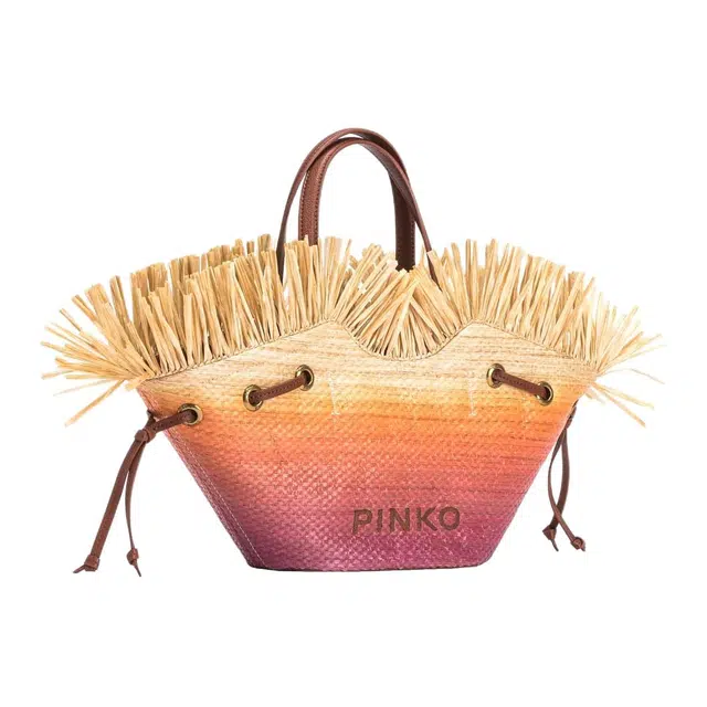 PINKO Pagoda Logo Woven Tote Small Beige